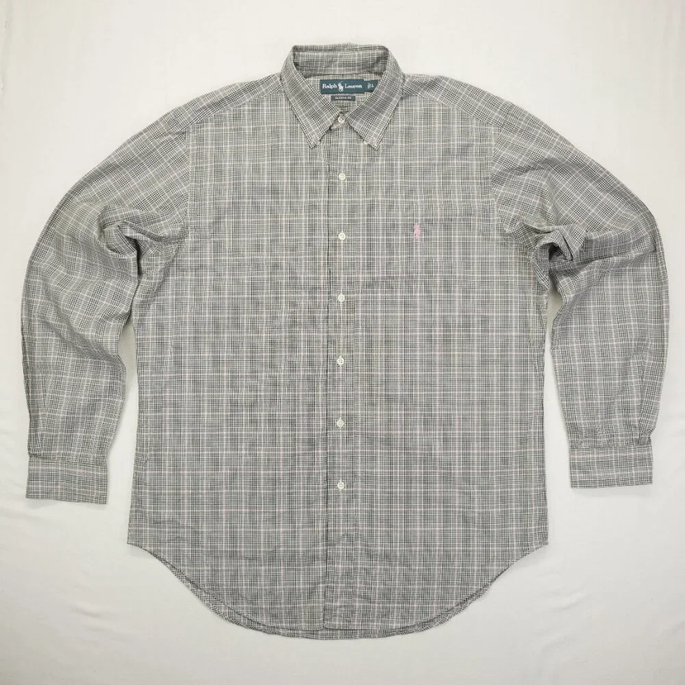 Ralph Lauren Shirt Mens Large Pink Black‎ Plaid Classic Fit Button Down Cotton